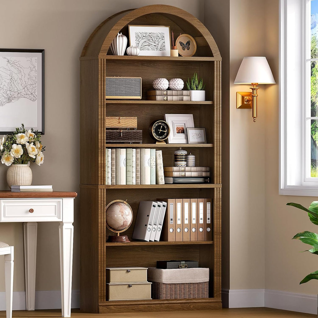 RALGEND Arched Bookshelf, 75.8" Tall Arch Bookcase with Storage, 6-Tier Farmhouse Book Shelf, Arched Cabinet, Wooden Bookshelf with Open Display Shelves, Adjustable Shelf, Office, Walnut