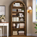 RALGEND Arched Bookshelf, 75.8" Tall Arch Bookcase with Storage, 6-Tier Farmhouse Book Shelf, Arched Cabinet, Wooden Bookshelf with Open Display Shelves, Adjustable Shelf, Office, Walnut
