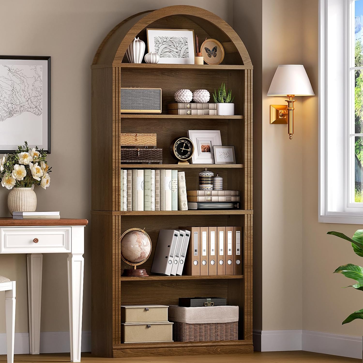 RALGEND Arched Bookshelf, 75.8" Tall Arch Bookcase with Storage, 6-Tier Farmhouse Book Shelf, Arched Cabinet, Wooden Bookshelf with Open Display Shelves, Adjustable Shelf, Office, Walnut