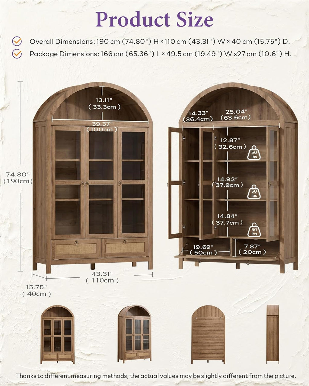 TYBOATLE 75'' Arched Cabinet Classic Farmhouse Design w/Three Glass Doors, Arch Cabinet w/Rattan Drawers and Anti-Tipping Device, Versatile Cupboard for Kitchen, Bathroom, Natural