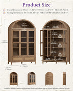 TYBOATLE 75'' Arched Cabinet Classic Farmhouse Design w/Three Glass Doors, Arch Cabinet w/Rattan Drawers and Anti-Tipping Device, Versatile Cupboard for Kitchen, Bathroom, Natural