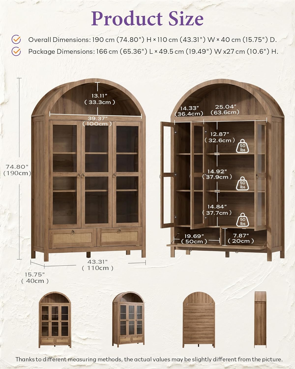 TYBOATLE 75'' Arched Cabinet Classic Farmhouse Design w/Three Glass Doors, Arch Cabinet w/Rattan Drawers and Anti-Tipping Device, Versatile Cupboard for Kitchen, Bathroom, Natural