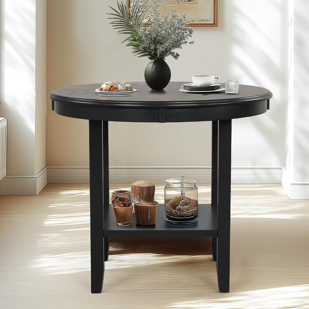 SogesHome Solid Wood Round End Table with Storage Shelf, Heavy Duty Small Kitchen Table for 2-4 People, Rustic Modern Space Saving Side Desk for Living Room, Bedroom, Kitchen, Office, Hallway