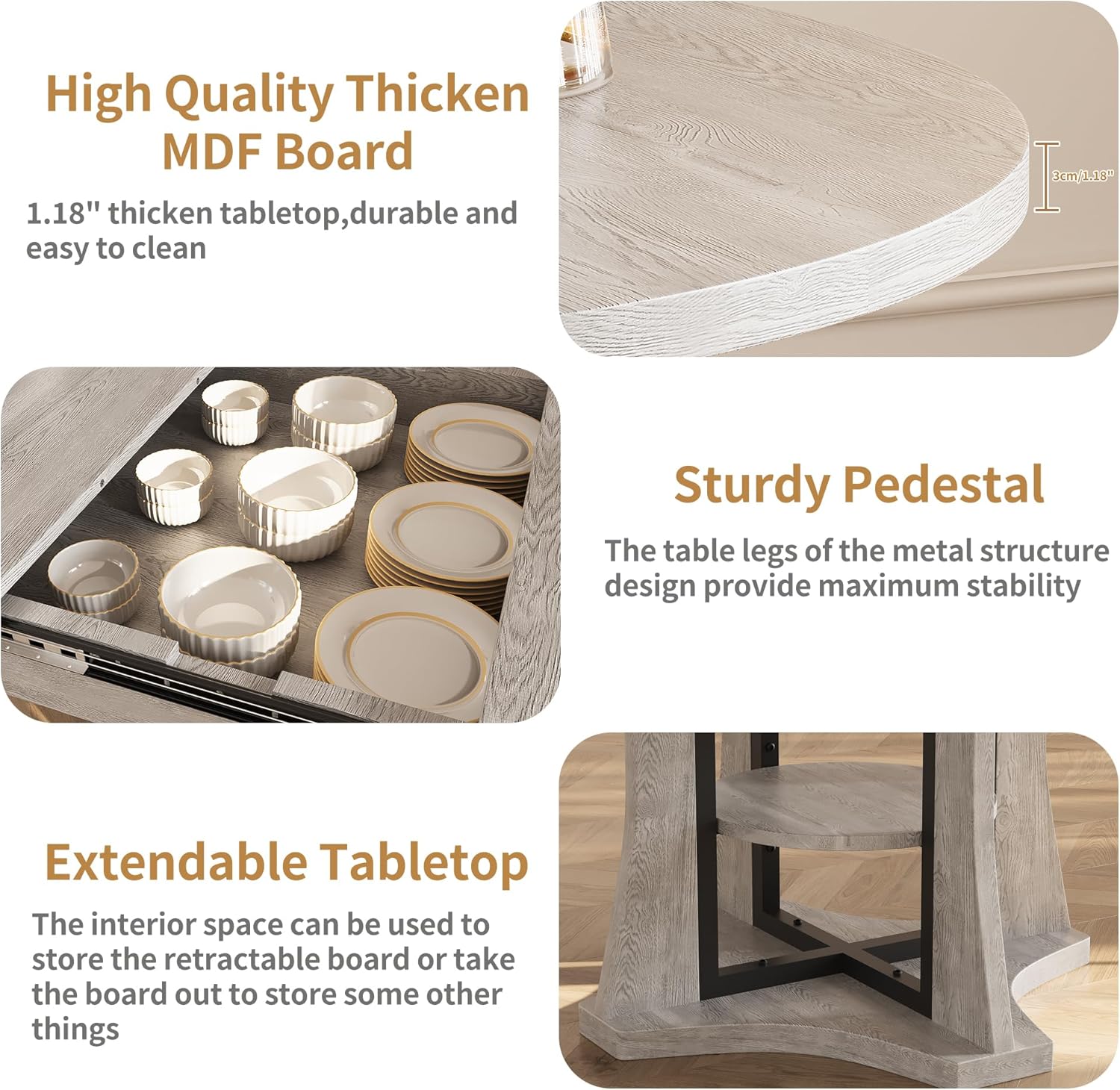 43.3''-59'' Round Extendable Dining Table for 4-6, Modern Kitchen Extendable Dining Room Table with 2-Tier Storage Shelves, Round Oval Dinner Table with Storage for Kitchen Living Room