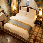 OSVINO Jacquard Bed Scarf Luxury Microfiber Bedding Protector Slipcover Smooth Comfort Bedroom Guestroom Inn Decor, Golden 210X50cm for 150cm Bed