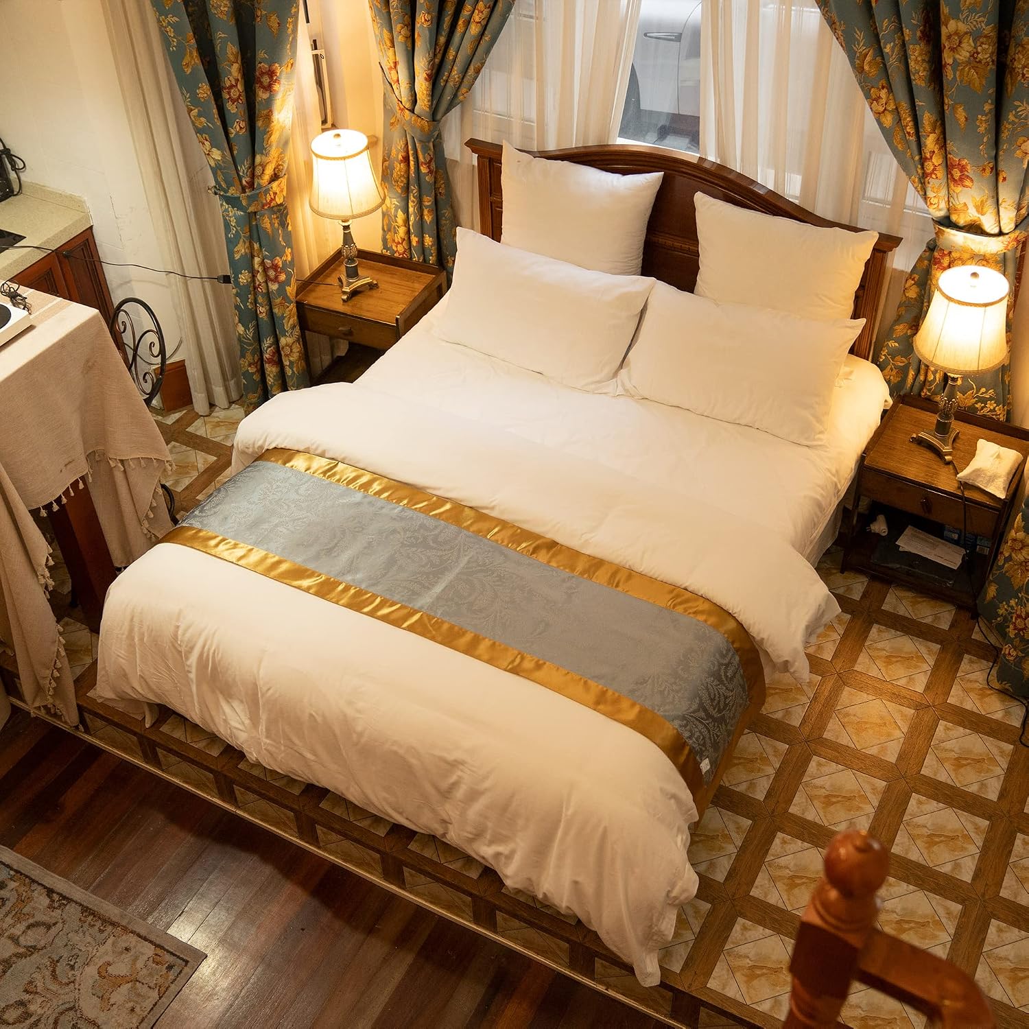 OSVINO Jacquard Bed Scarf Luxury Microfiber Bedding Protector Slipcover Smooth Comfort Bedroom Guestroom Inn Decor, Golden 210X50cm for 150cm Bed