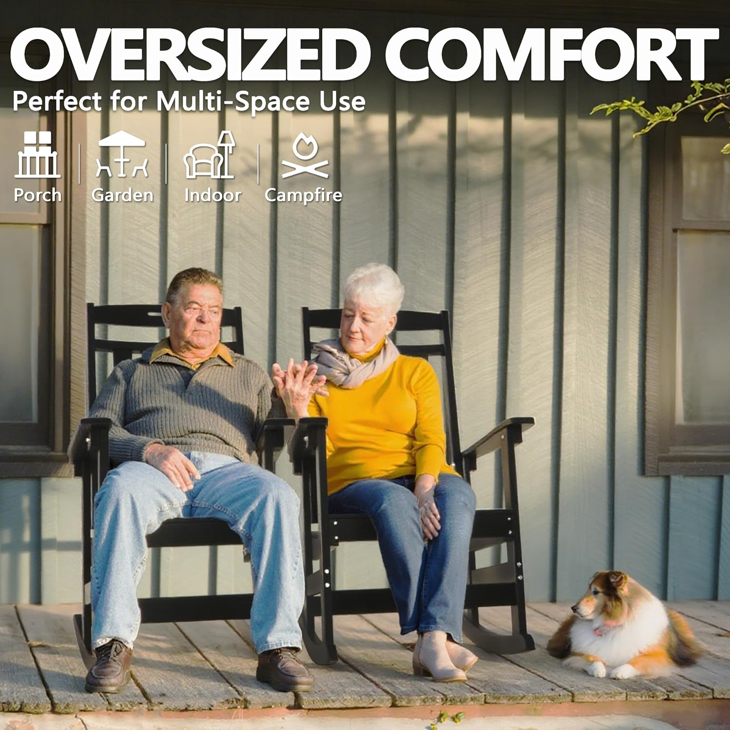 Outdoor Oversized Rocking Chairs Set of 2, HDPE All-Weather Resistant, Front Porch Rockers, Black