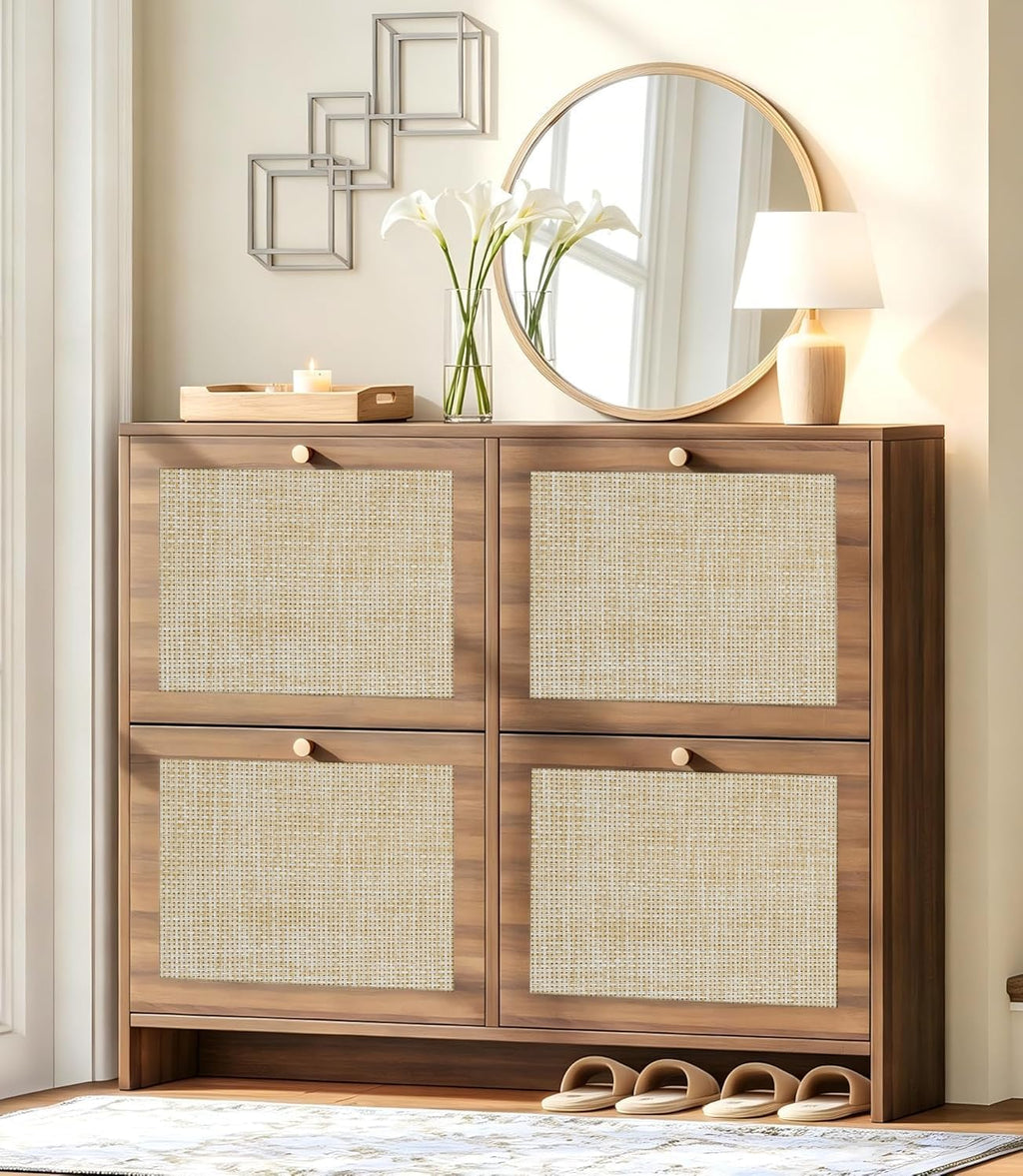 Nicetree Shoe Cabinet Storage for Entryway, 4-Flip Drawer Narrow Shoe Rack with Adjustable Shelves, Boho Modern Square Rattan Shoe Organizer, Slim Wood Storage Cabinets for Small Spaces Fits Size 13.5