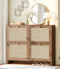 Nicetree Shoe Cabinet Storage for Entryway, 4-Flip Drawer Narrow Shoe Rack with Adjustable Shelves, Boho Modern Square Rattan Shoe Organizer, Slim Wood Storage Cabinets for Small Spaces Fits Size 13.5