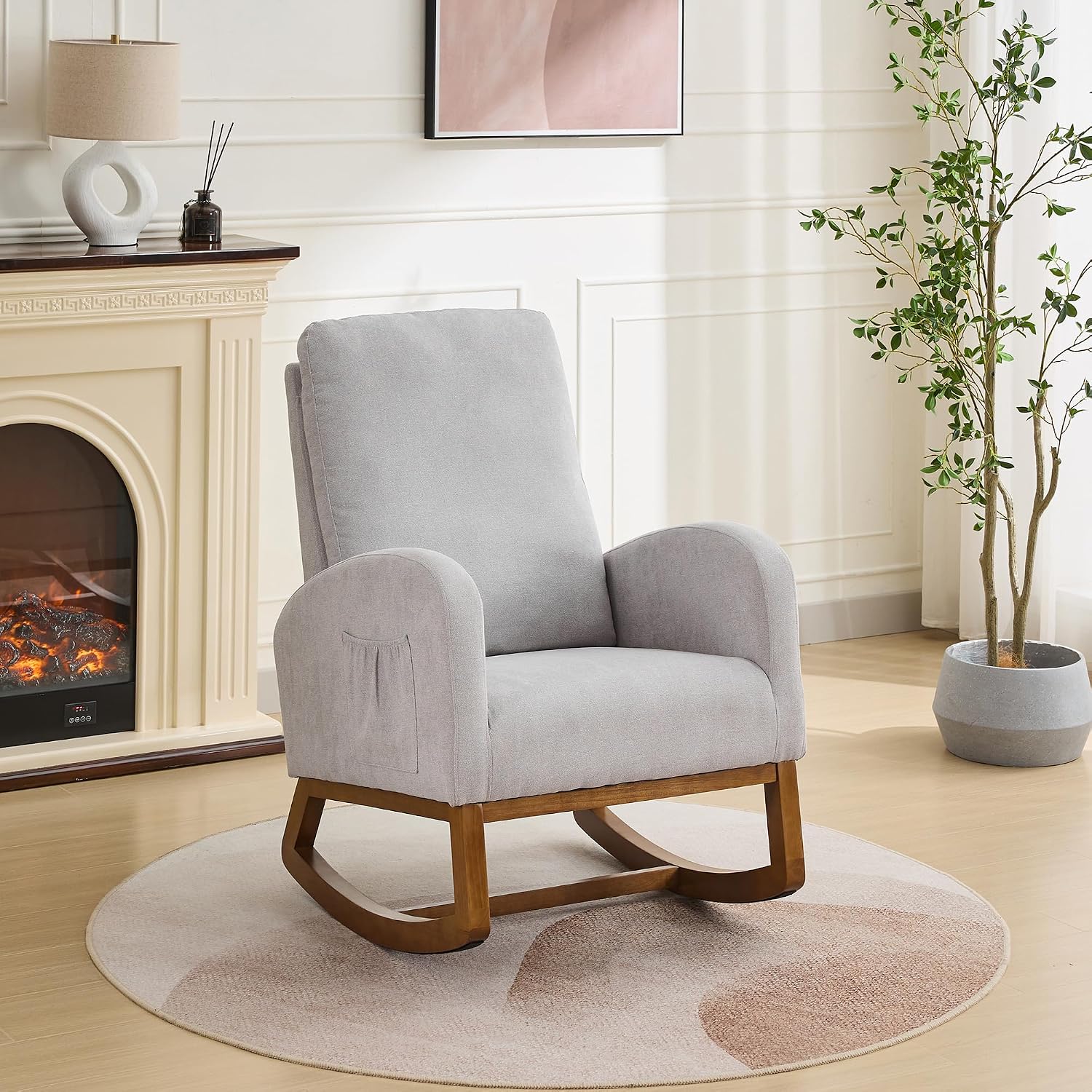 Gentle Rocking Chair, Nursery Chair, Polyester Accent Armchair with High Back, Side Pocket, Rubber Wood Legs, Light Gray, for Living Room or Bedroom