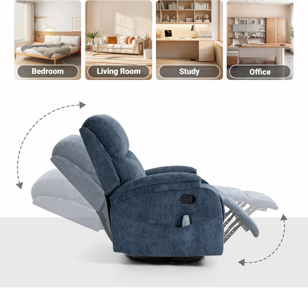 360° Swivel Rocking Recliner Chair, Massage Lazy Boy Recliner, Small Spaces Recliner for Living Room, Bedroom and Nursery, Navy Blue Chenille