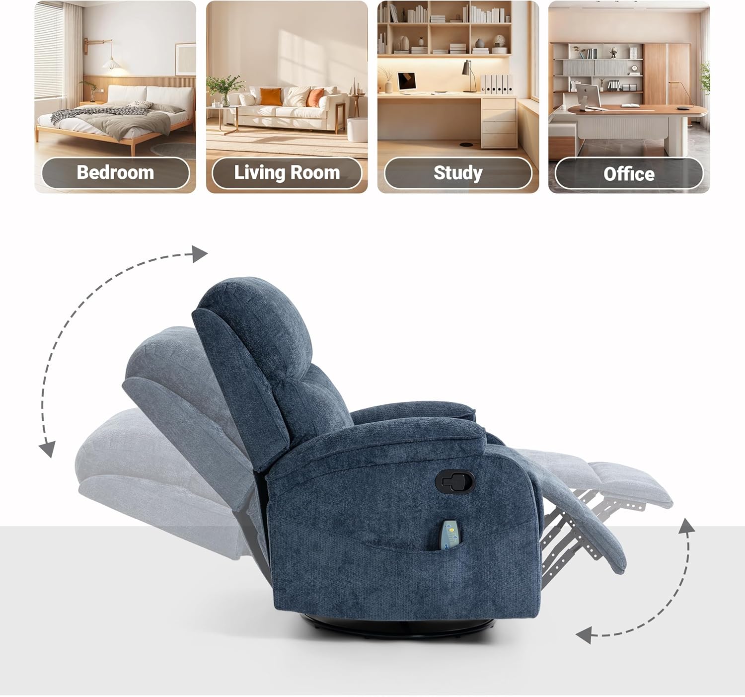 360° Swivel Rocking Recliner Chair, Massage Lazy Boy Recliner, Small Spaces Recliner for Living Room, Bedroom and Nursery, Navy Blue Chenille