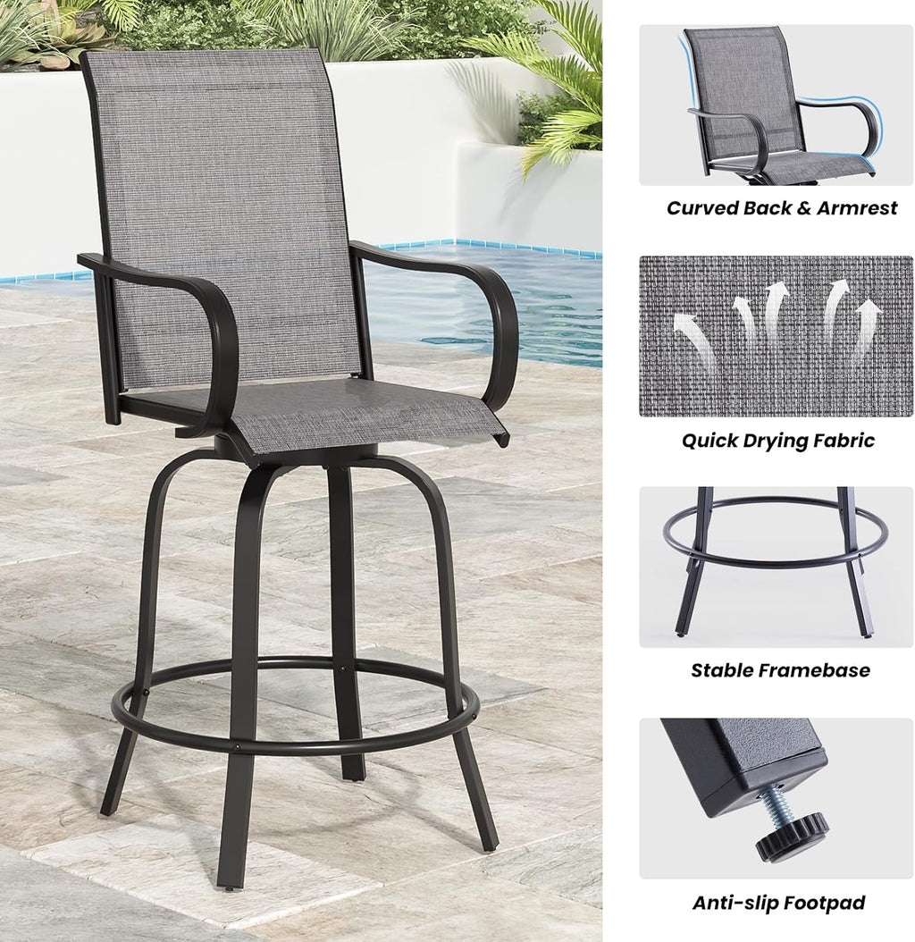 Patio Swivel Bar Stools Set of 4，All-Weather Outdoor High Bistro Stools with Textilene Fabric for Outside, Beach, Lawn, Poolside and Garden (Grey/Brown)