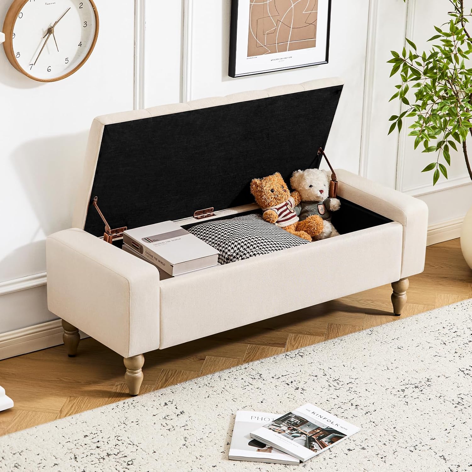 47 Inch Large Storage Ottoman Bench, Upholstered End of Bed Bench with Removable Lid, Diamond Tufted Seat, Wood Legs, Hidden Storage Organizer for Bedroom, Living Room, Entryway,Light Beige