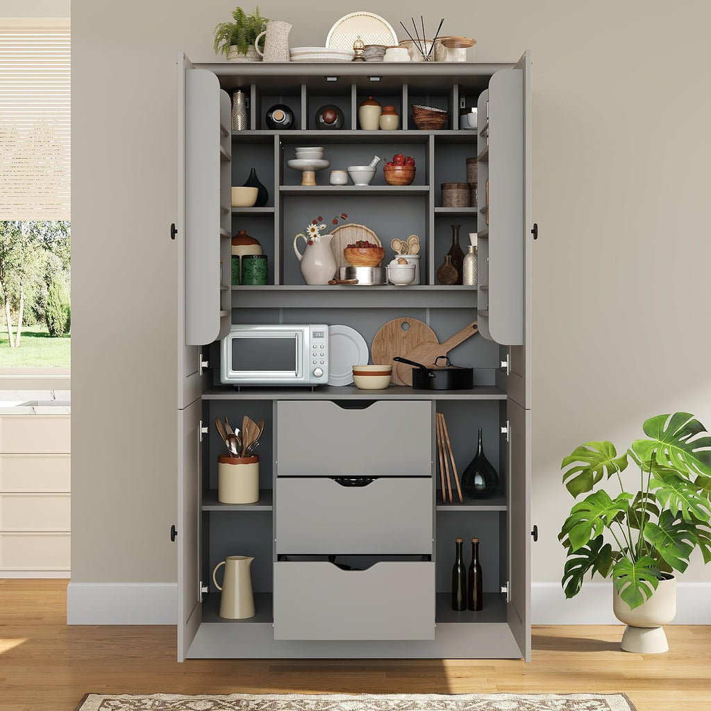Virubi 42.3x20.0x70.9 inch Freestanding Kitchen Pantry Cabinet, Tall Storage Workstation with 4 Doors, 3 Drawers, 6 Door Shelves, Removable Shelves & 6 Wine Racks for Dining (Grey)