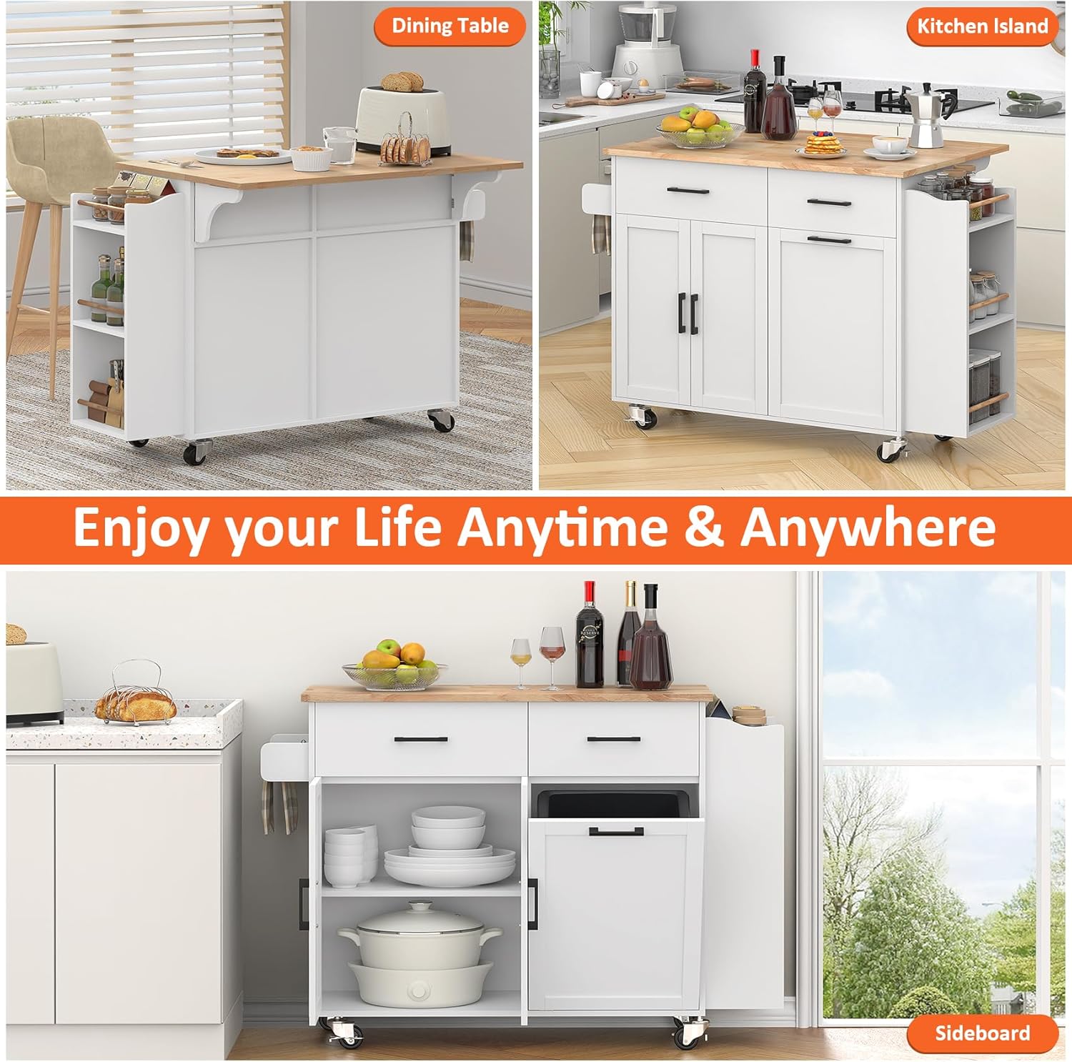 Bigbiglife Kitchen Island with Storage, 39.8" Rolling Kitchen Island Cart with Drop Leaf & Storage - Mobile Kitchen Organizer with Wheels, Rubberwood Top, Trash Can Cabinet & Towel Rack, White