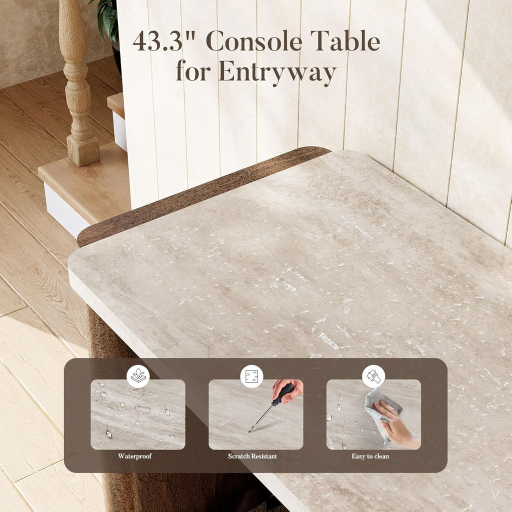 COSIEST 43.3" Farmhouse Console Table for Entryway, 2-Tier Sofa Table with Faux Stone Grain Top, Slim Accent Table for Hallway, Behind Couch, or Living Room, Brown Wood Look