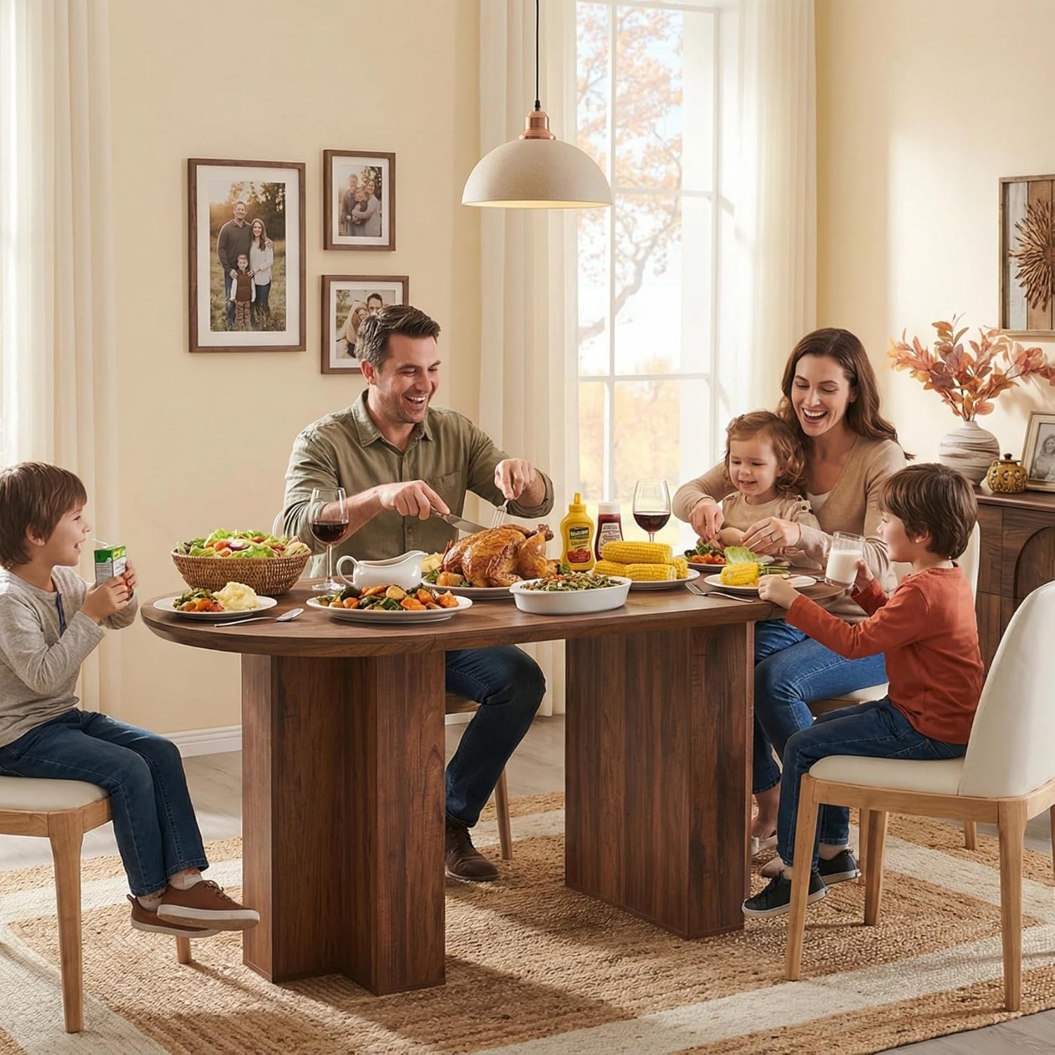 OKD 63 Inch Modern Wood Oval Dining Table for 4-6, Dining Room Table with Stable T-Shaped Base & Metal Frame & Thick Tabletop, Sturdy Kitchen Table for Dinner Room, Kitchen, Rustic Walnut