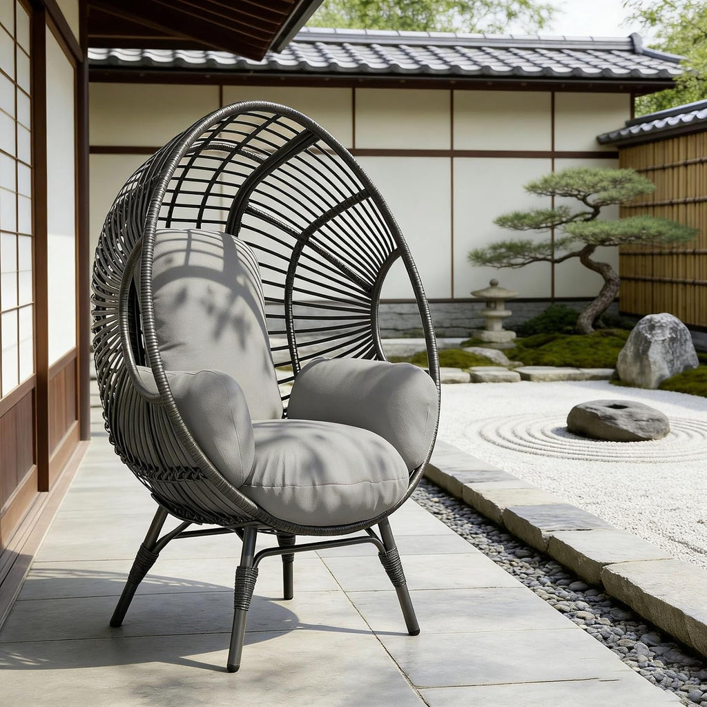 Indoor Egg Chair Wicker, 400lbs Capacity, 8-Inch Deep Cushion, Rust-Resistant Frame Balcony Chairs(Black+Gray)