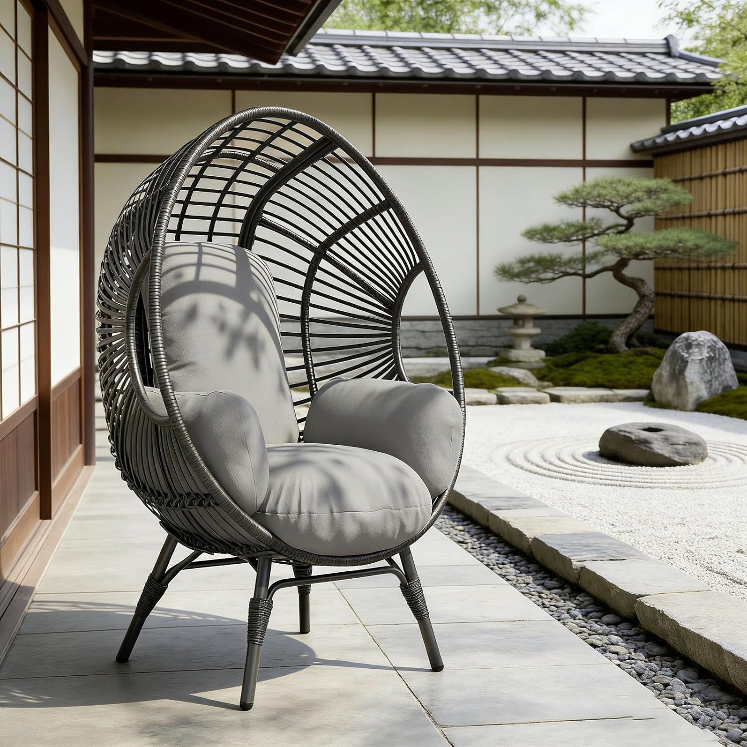Indoor Egg Chair Wicker, 400lbs Capacity, 8-Inch Deep Cushion, Rust-Resistant Frame Balcony Chairs(Black+Gray)