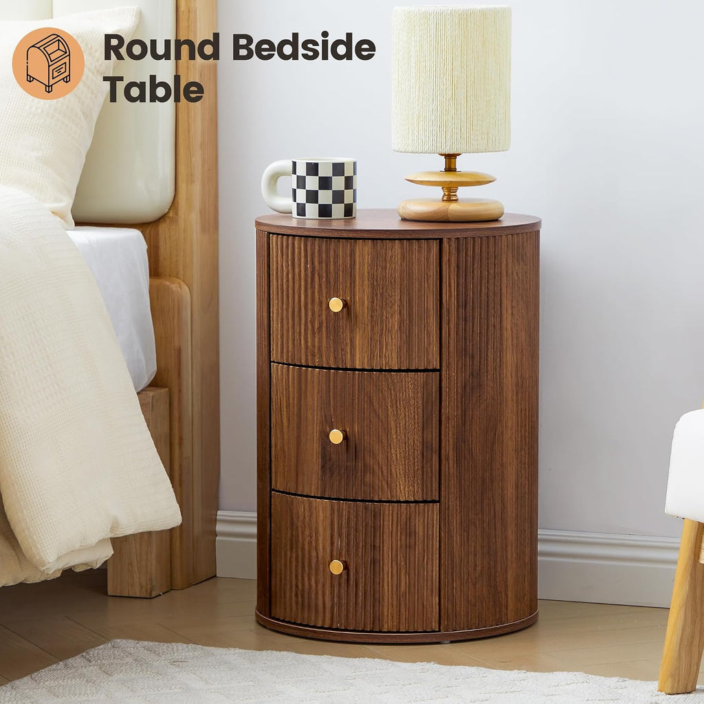 FurSch Fully Assembled Round End Table with 3 Storage Drawers, 15.75”Mid Century Side Table for Living Room, 3 Drawers Nightstand for Bedroom, Circle Sofa Bedside Table (Walnut-Round, 1 PC)