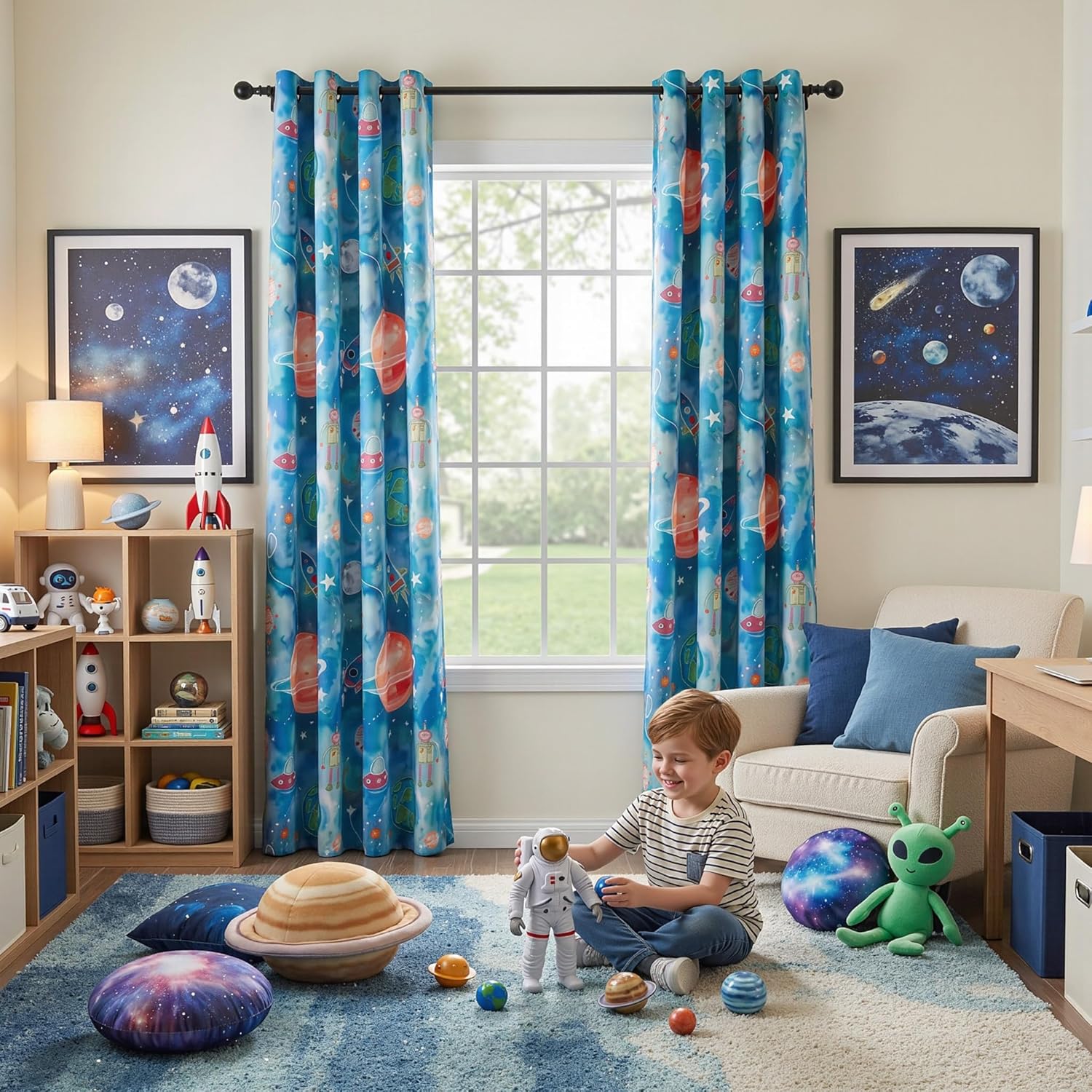 MYSKY HOME Boys Blackout Curtains 84 Inch Long 2 Panels Set 95% Light Blocking Noise Reduction Planet Astronaut Printed Grommet Drapes for Kids Nursery Bedroom Playroom, Each Panel 52" W, Blue