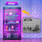 AODK Display Case with LED Lights, Display Cabinet with Glass Storage Shelves and Industrial Metal Mesh, 4-Tier Display Shelf for Collectibles, Curio Cabinet with Open Shelf, Black Book Shelf
