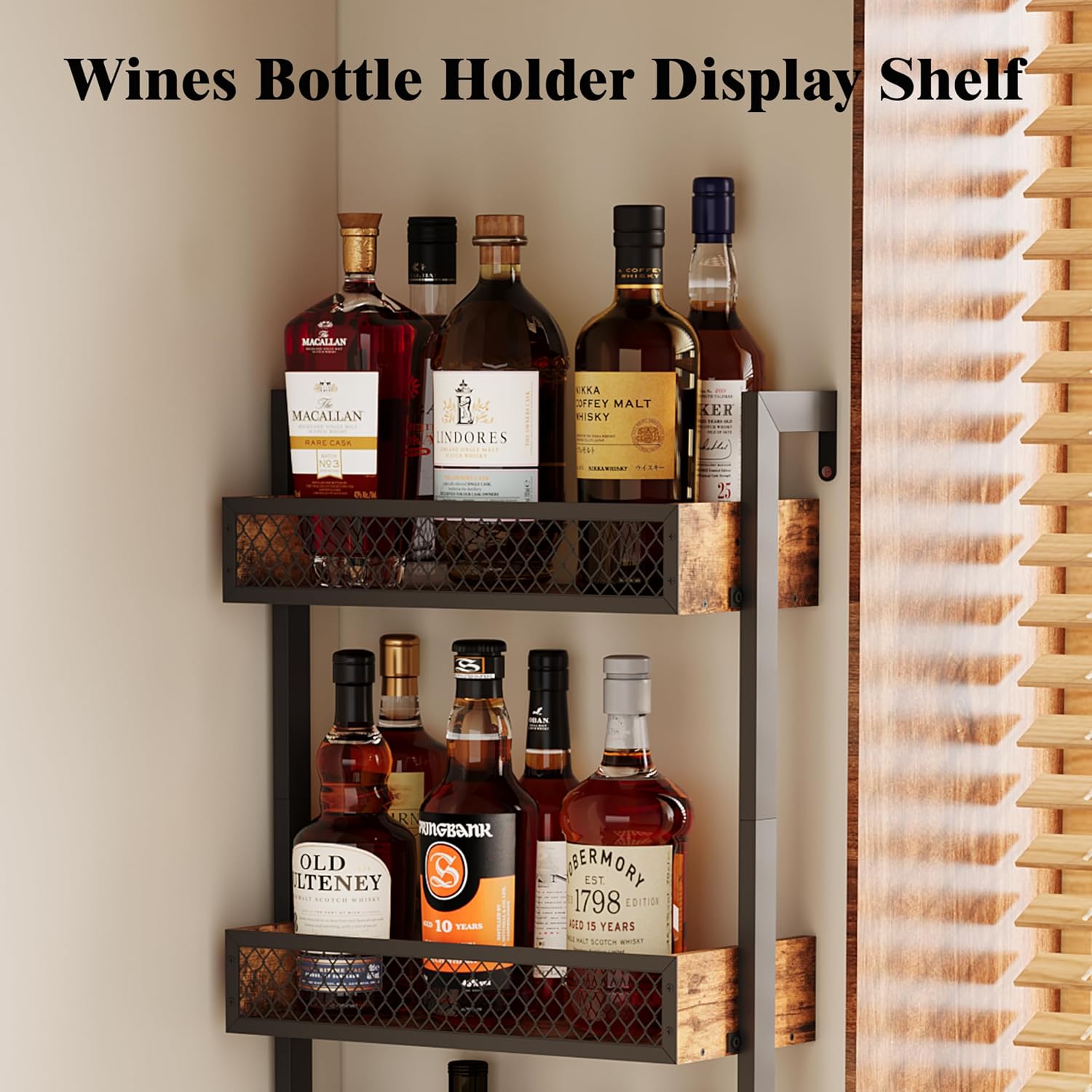 Unionly 5-Tier Liquor Stand for Home Bar，Freestanding Wine Racks for Wall,Wines Bottle Holder Display Shelf with Fences,Liquor Storage for Kitchen, Dining Room, Bar (Rustic Brown)