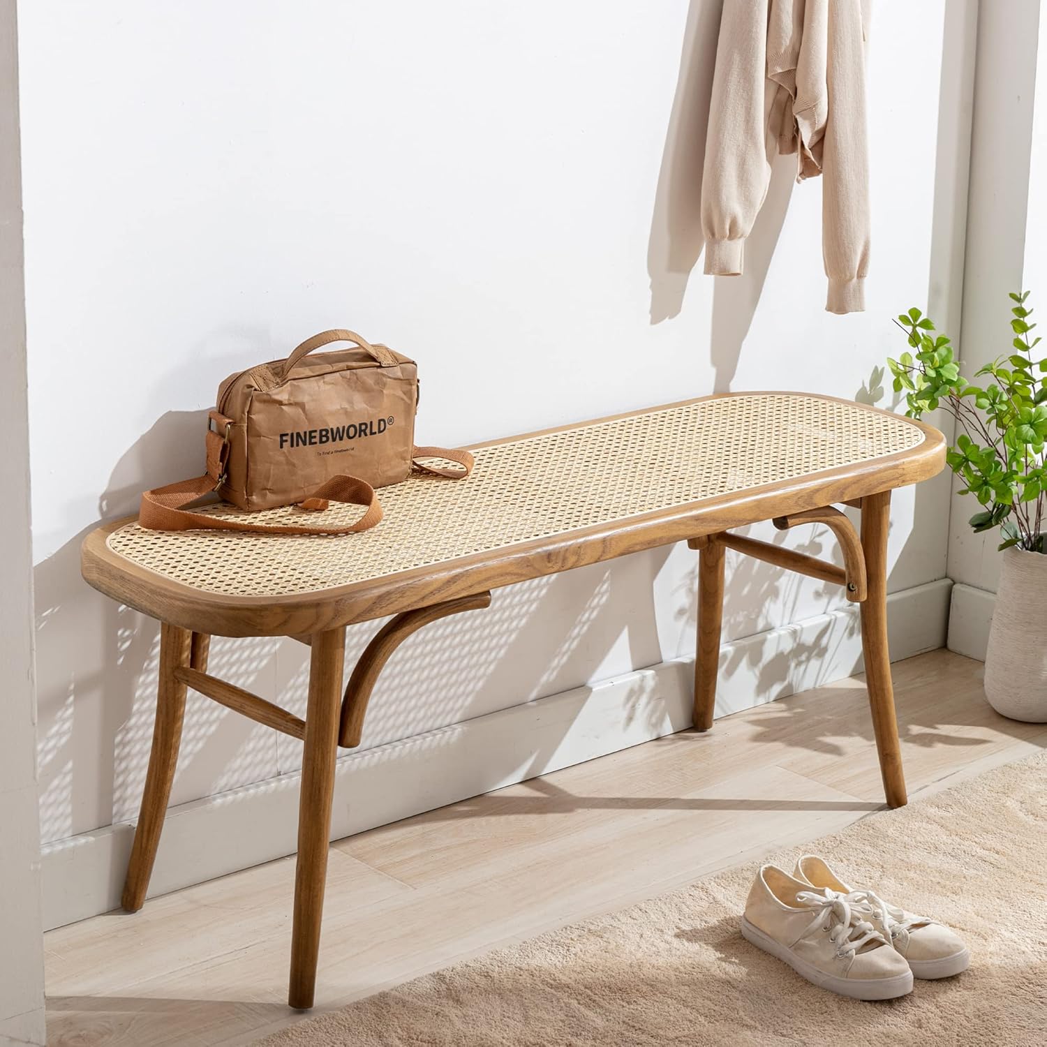 Farmhouse Wood Bench Seat Small Rattan Cane Bench Wicker Bench for End of Bed Living Room Entryway Foyer Indoor, Hand Woven