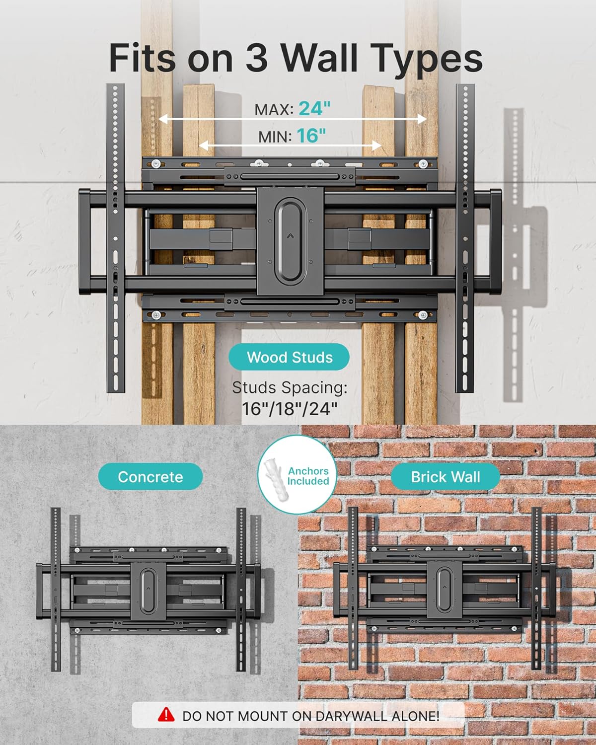 Pegzone Full Motion TV Wall Mount for 43-100 Inch TVs up to 176lbs, 25.2" Extension, Swivel Heavy Duty TV Bracket, Sliding Dual Arms for Off-Center Studs, Fits 16"/ 18" /24" Wood Studs, VESA 800x600