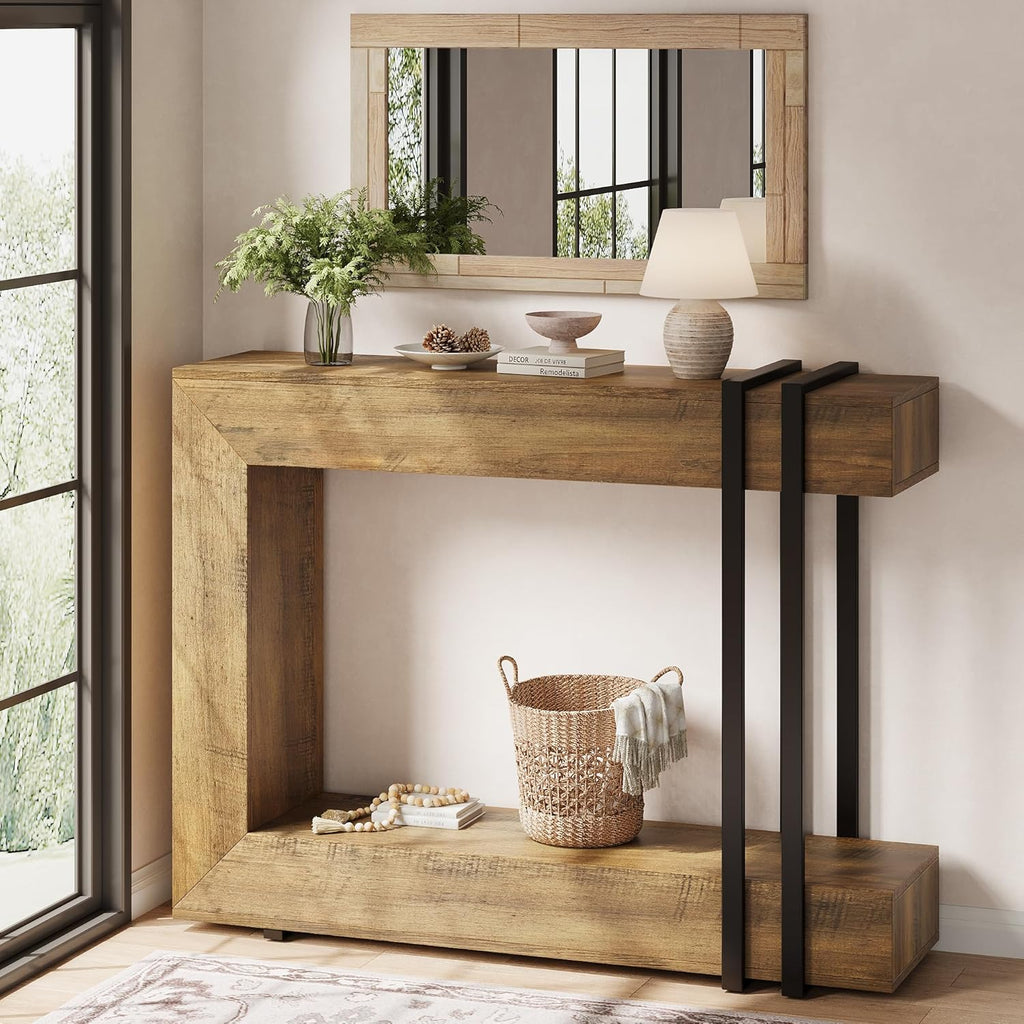 iPormis 42.5-Inch Console Table for Entryway, 2-Tier Sofa Table Behind Couch, Wood Entry Table with Storage & Metal Lines Base for Living Room, Hallway, Foyer, Rustic Brown