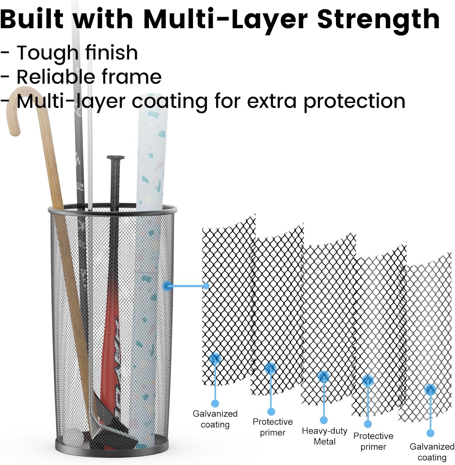 19.5" H Mesh Umbrella Stand - Ventilated Mesh Umbrella Holder for Entryway - Extra Capacity Storage for Umbrellas Canes & More - Freestanding Indoor Organizer 10.4" L x 10.4" W x 19.5" H - 2P Black