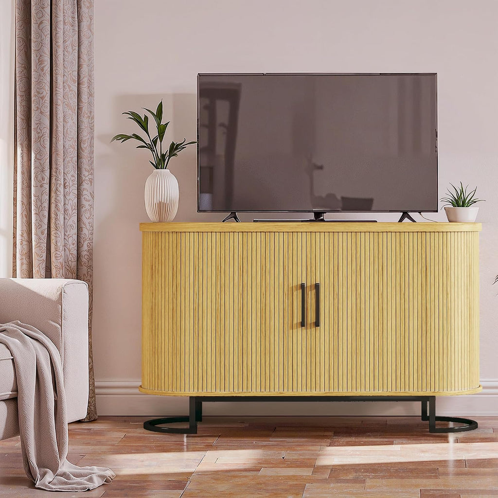 HUAHUU Sideboard Buffet Cabinet with Storage, 47" Fluted Tambour, Adjustable Shelves, Mid Century Modern Console for Living Room Kitchen Wood
