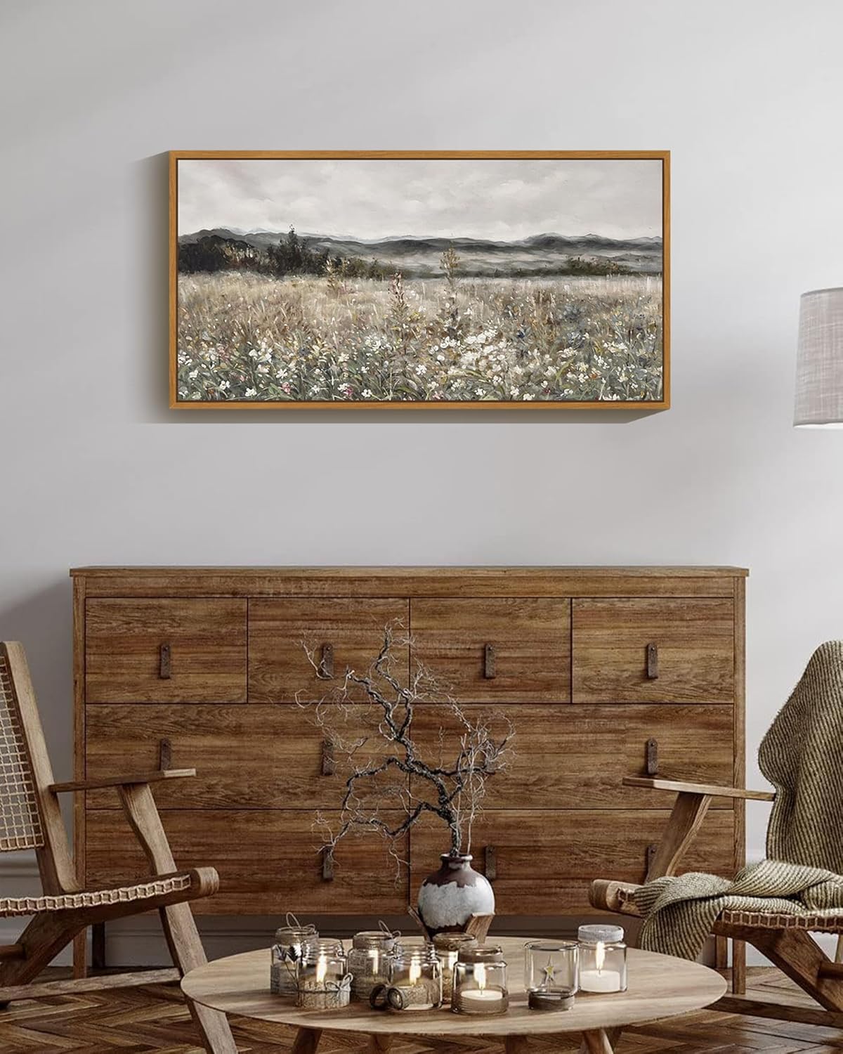SHENIFY 20x40in Extra Large Vintage Framed Wall Art Meadow with Flowers Landscape Painting Retro Scenery Farmhouse Bedroom Above of Bed Living Room Decor - Natural Framed