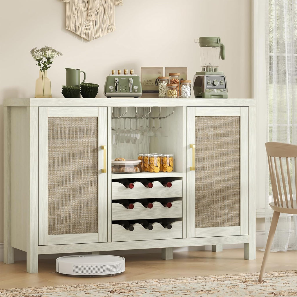 Rattan Wine Bar Cabinet, Boho Rattan Home Bar with Glass Holder and Drawer Style Racks, Oak Sideboard Buffet Storage Cabinet for Living Dining Room Kitchen (White Oak)