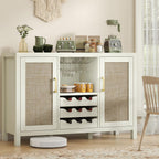 Rattan Wine Bar Cabinet, Boho Rattan Home Bar with Glass Holder and Drawer Style Racks, Oak Sideboard Buffet Storage Cabinet for Living Dining Room Kitchen (White Oak)