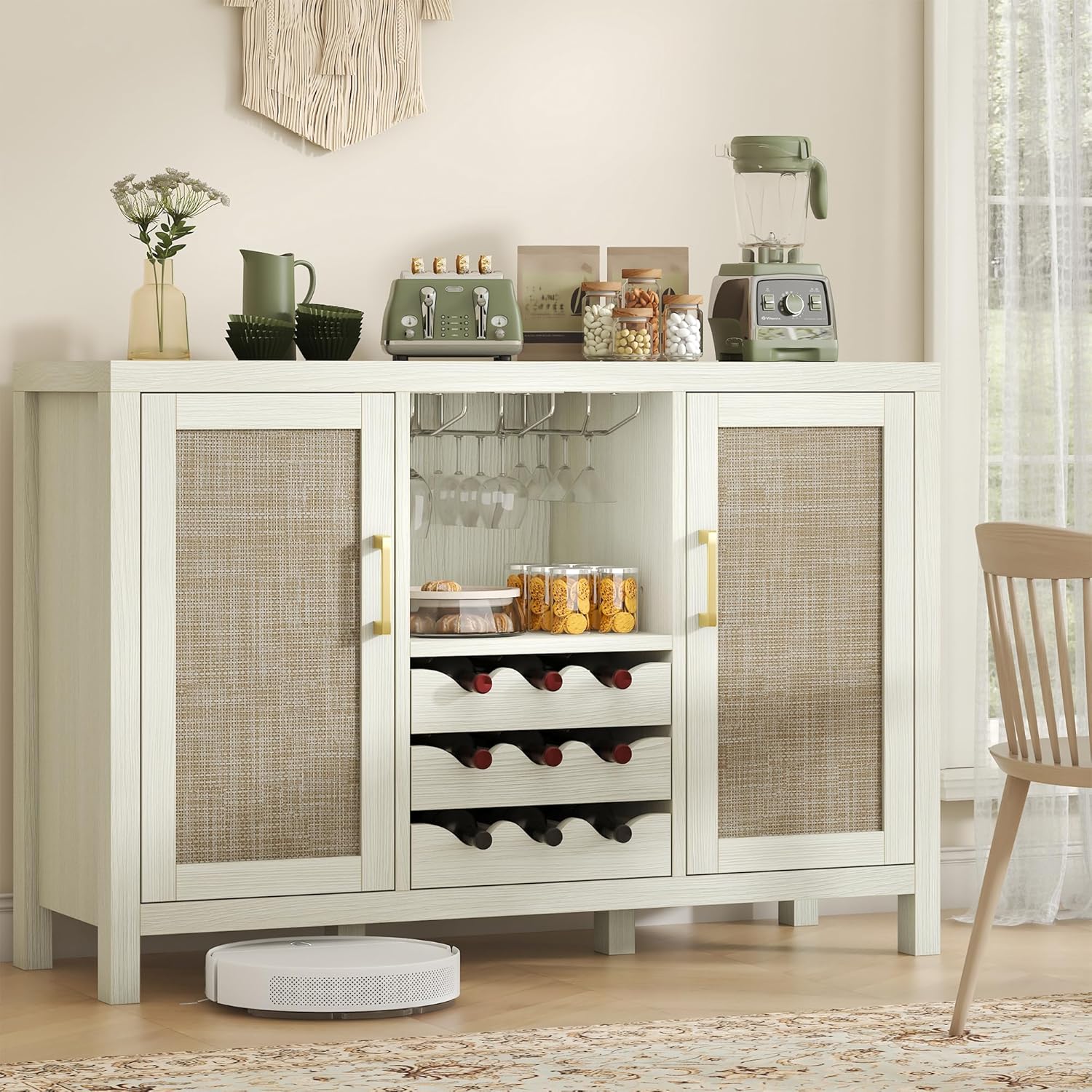 Rattan Wine Bar Cabinet, Boho Rattan Home Bar with Glass Holder and Drawer Style Racks, Oak Sideboard Buffet Storage Cabinet for Living Dining Room Kitchen (White Oak)