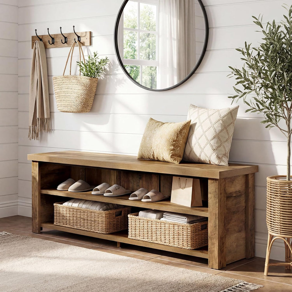 Tribesigns 55.12" Entryway Bench with Storage, Farmhouse Shoe Storage Bench with 2-Tier Shelves, Shoe Rack for Entryway, Hallway, Mudroom, Bedroom, Rustic Brown