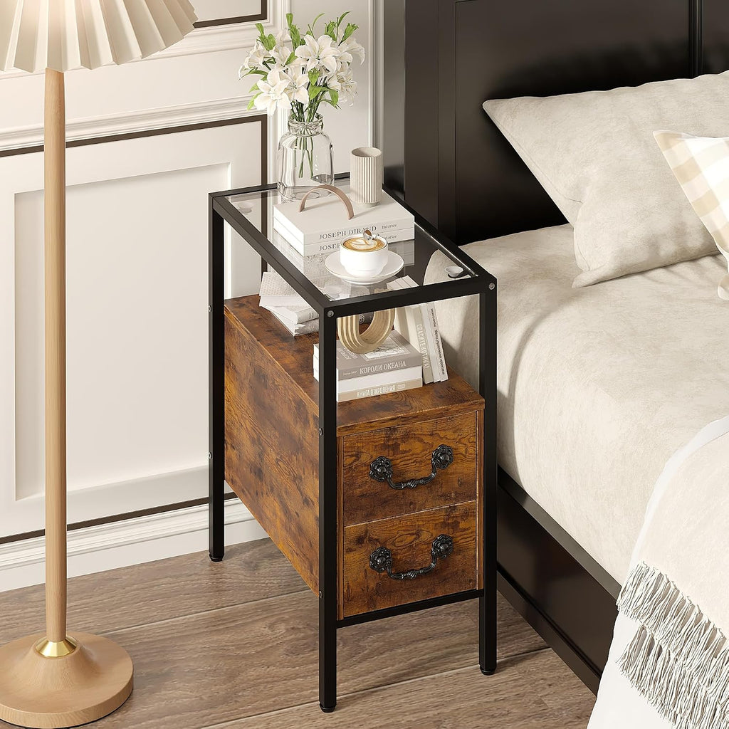 VECELO Narrow Side Table Set of 2, Night Stand Sofa Table with Glass Top,Bedside End Tables with Storage Drawers,Wood Nightstand for Small Spaces Living Room Bedroom,Brown