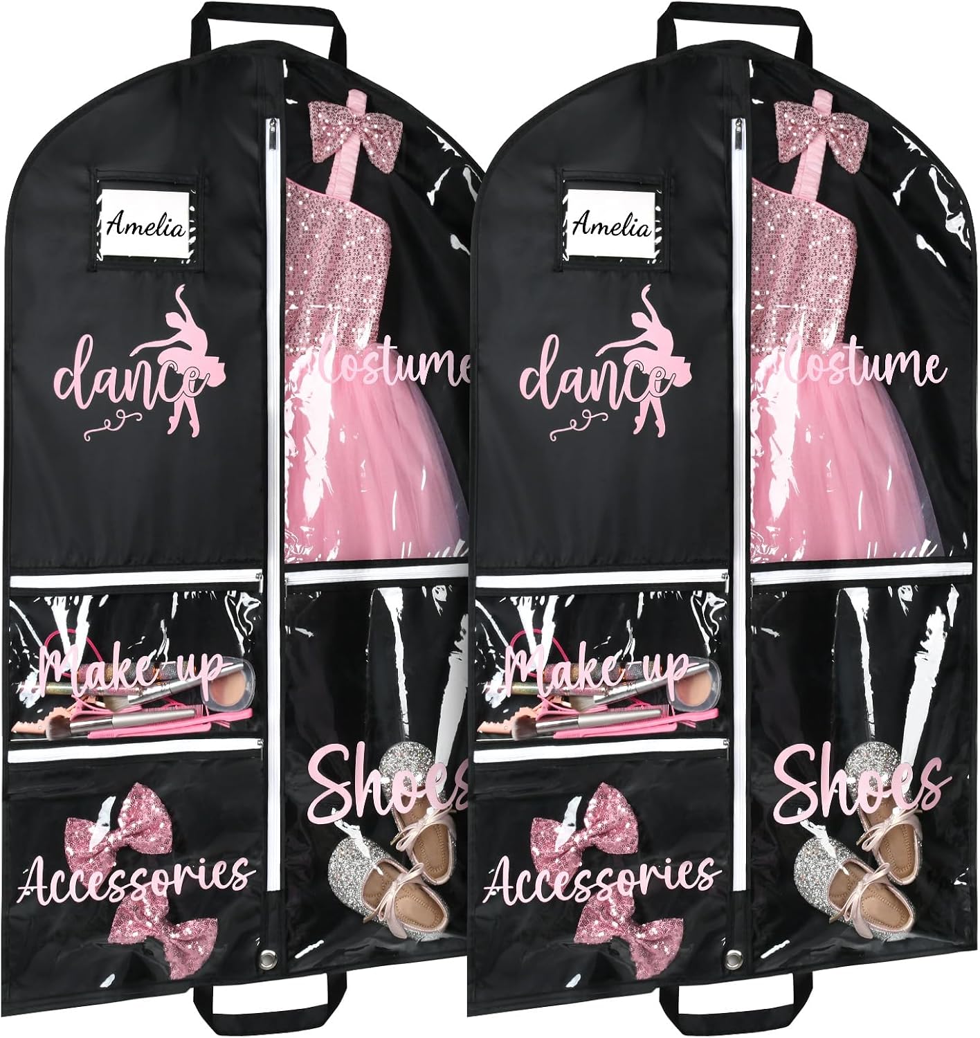 DEEKA 2 Pack Dance Garment Bag for Hanging Clothes with Zipper Pockets Dance Accessories Essentials Uniform Costume 40 Inch Dress Bags for Dance Competition Girls (Black,Pink)