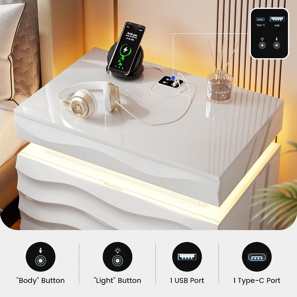 Night Stand with Gun Drawer - 23.6" Extra Wide LED 2 - Drawer Nightstand with Hidden Storage Human Sensor Light - Charging Bedside End Table with USB & Type-C Port for Bedroom, White