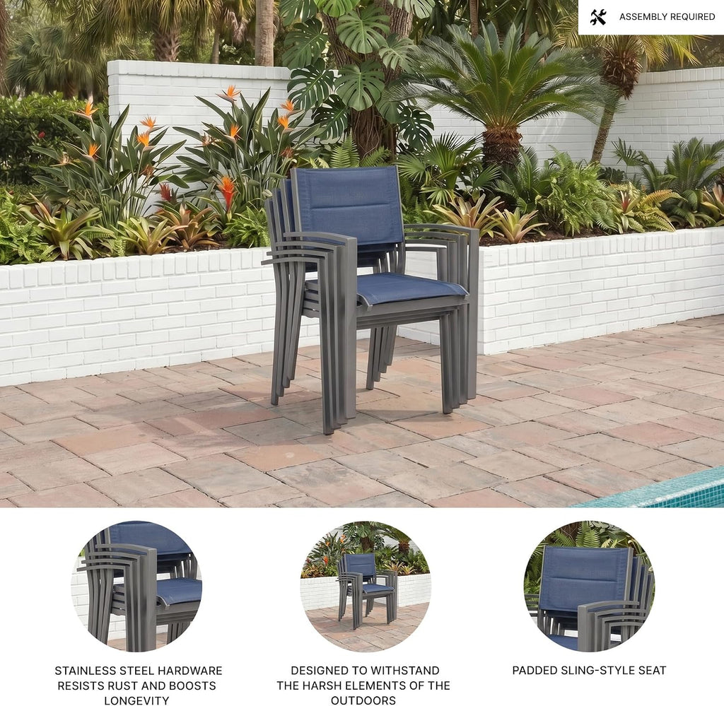 Signature Design by Ashley Point Bonita Set of 4 Outdoor Chairs with Padded Sling Seat, Stackable Aluminum Lounge Chairs for Patio and Porch Seating, Gray Frame with Blue Sling