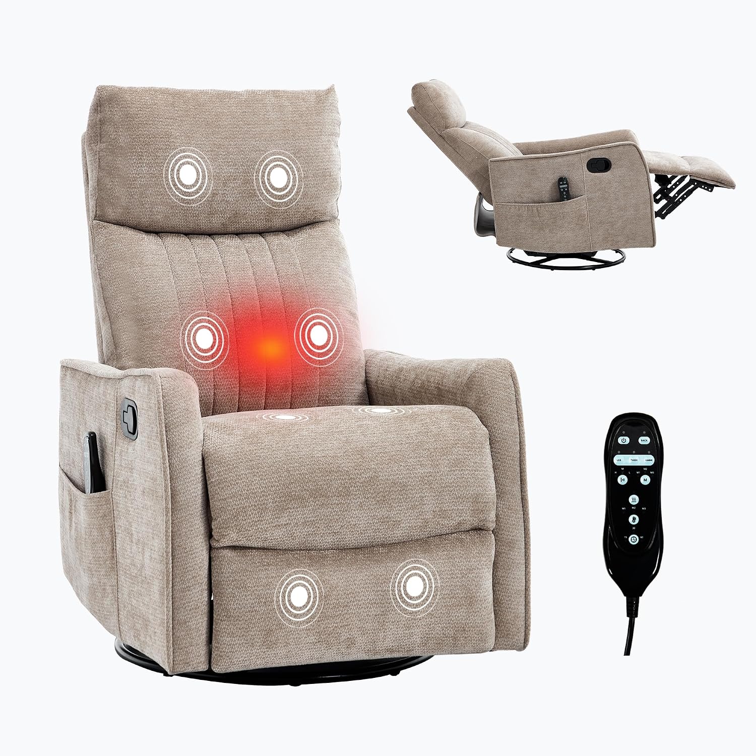 Swivel Rocker Recliner Chair, Nursery Rocking Chair with Heat and Massage, Glider Reclining Chair for Living Room Small Space Bedroom, Chenille Khaki