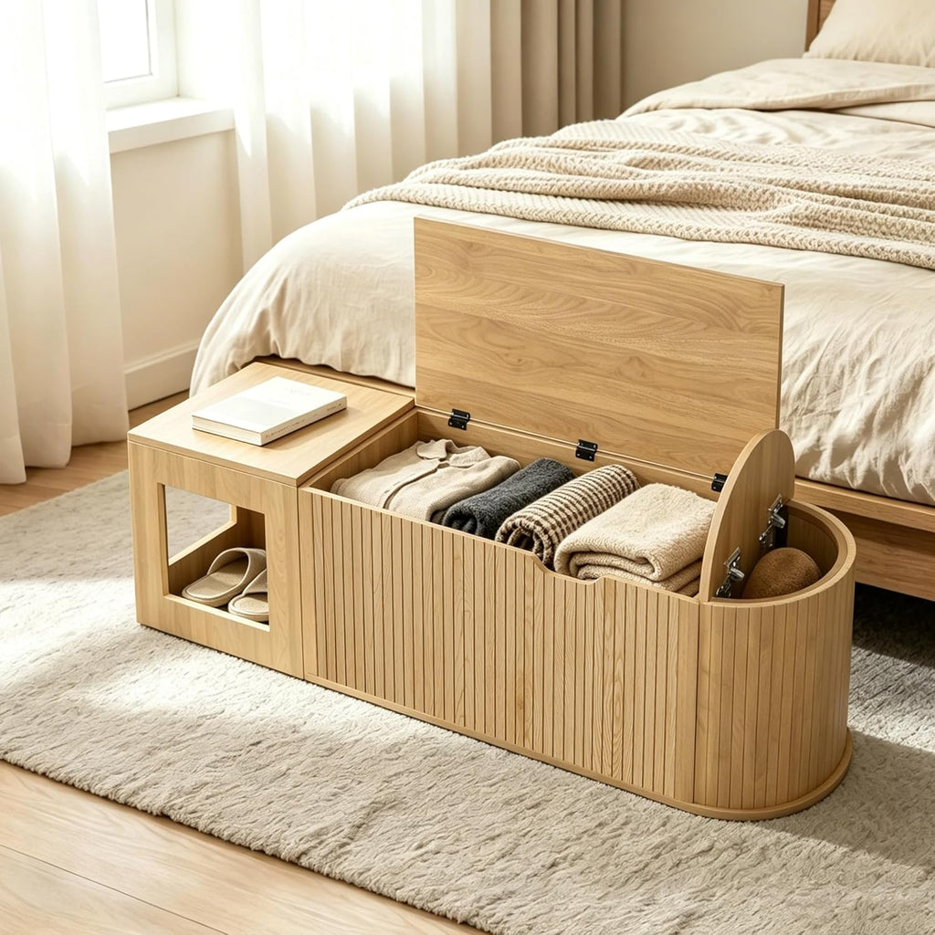 L Shaped Storage Bench with Cushion, Mid Century Modern Corner Dining Bench, Wooden Window Breakfast Nook Bench for Dining Room, Entryway, Living Room, Cloakroom, Wood, Oak