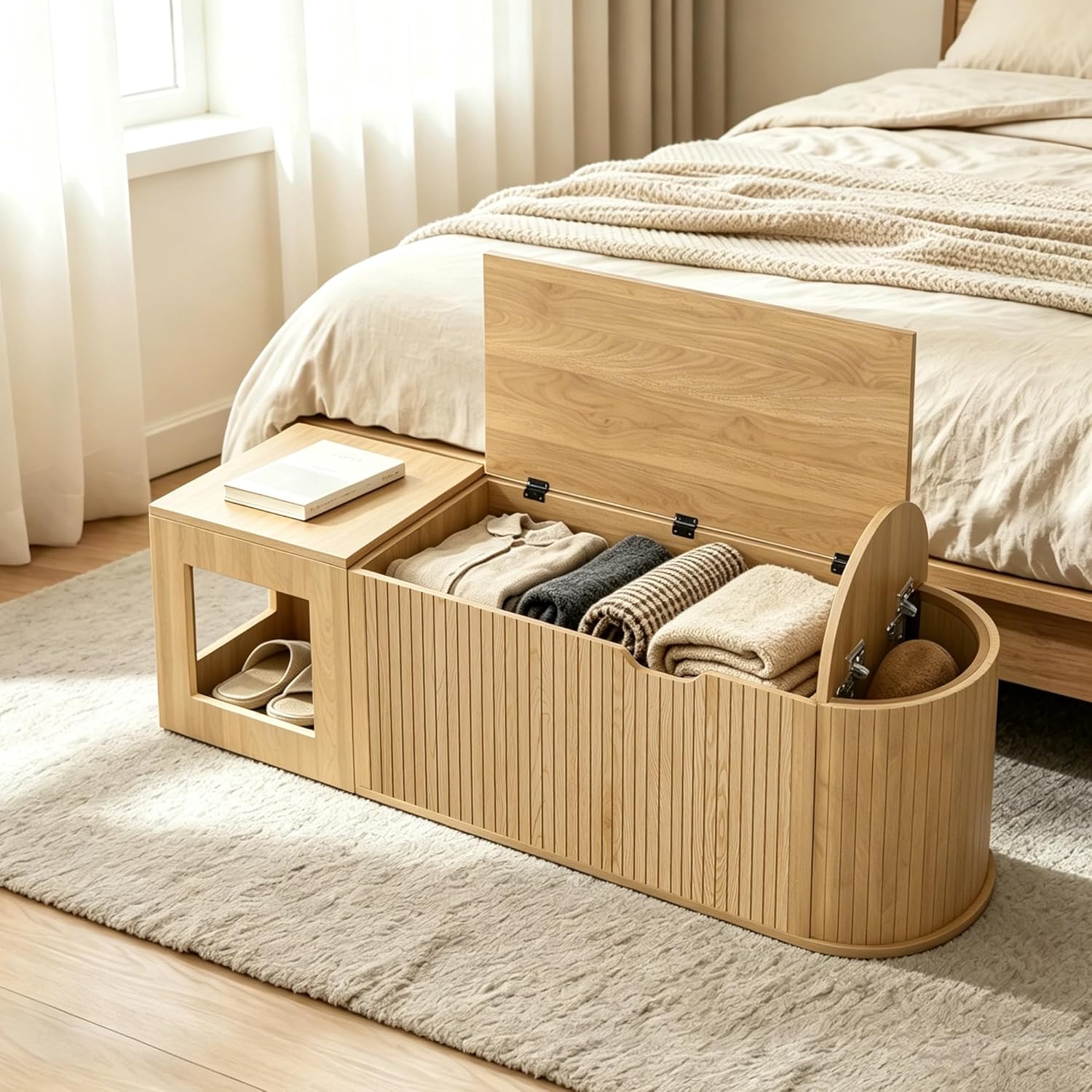L Shaped Storage Bench with Cushion, Mid Century Modern Corner Dining Bench, Wooden Window Breakfast Nook Bench for Dining Room, Entryway, Living Room, Cloakroom, Wood, Oak