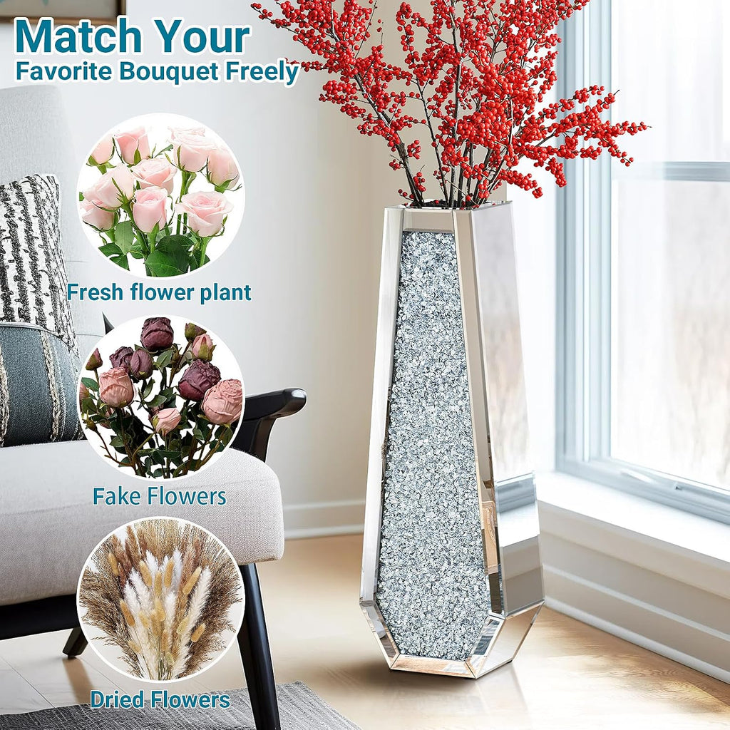 30" Tall Crushed Diamond Floor Vase, Silver Large Vases for Decor Living Room, Crystal Mirrored Home Decor Vases for Dried Flower