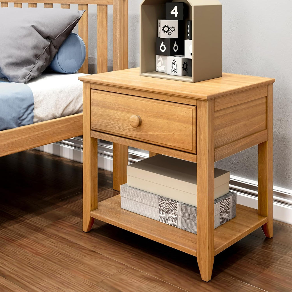 Max & Lily® Kids Wooden Nightstand with Drawer & Open Shelf, Solid New Zealand Pine, Low-VOC, Easy Assembly, Pecan