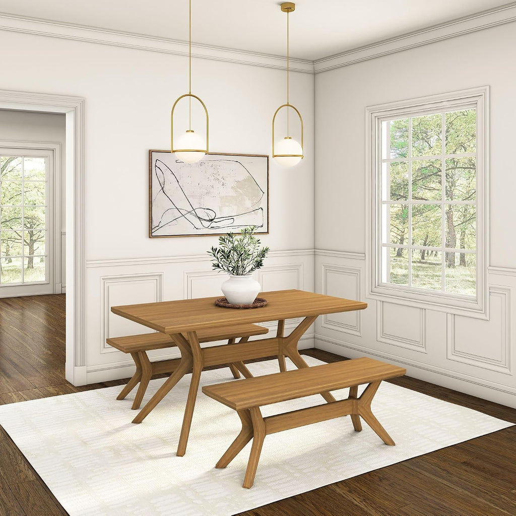 Plank+Beam Verso 48 Inch Modern Dining Bench, Pine Wood, Cross-Leg Base, Pecan