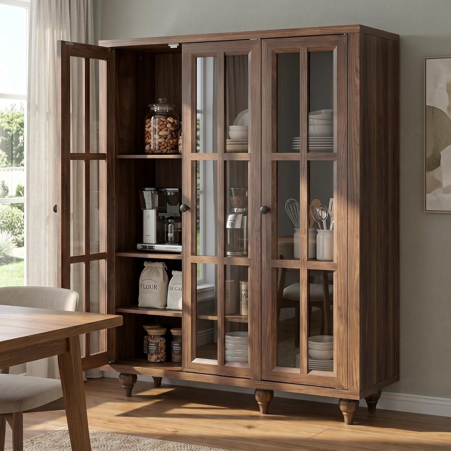 51" Tall Modular Pantry Storage Cabinet, Farmhouse Kitchen Pantry Cabinet with Adjustable Shelves & Glass Doors, Food Storage Cabinet for Kitchen, Living Room (1, Cracked Oak, 51 Inch)