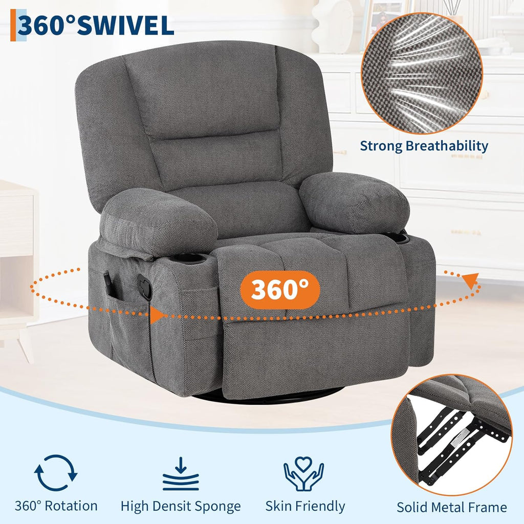 Swivel Rocker Recliner Chair with Heat and Massage, 360° Swivel Vibration Recliner Nursery Glider with Side Pocket and Cup Holders for Living Room, Bedroom, Home Theater Dark Grey
